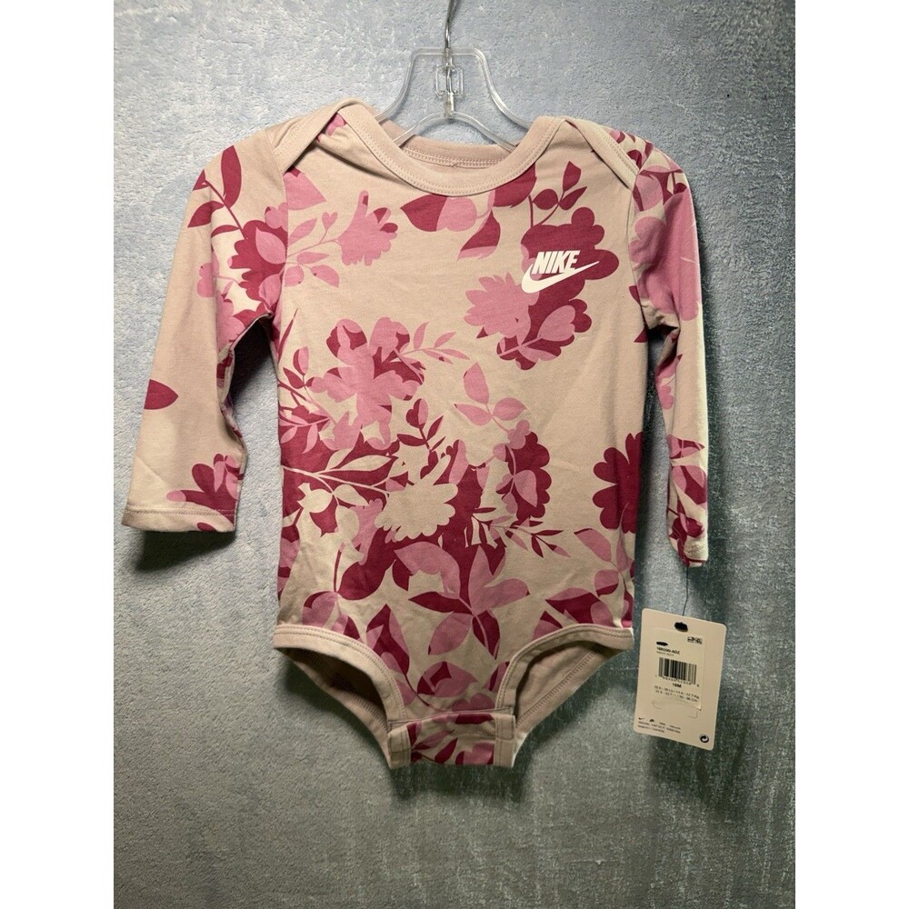 Nike Girls Pink Flower Long Sleeve Bodysuit Baby Toddler—18 Mos—Sweet beet—NWT